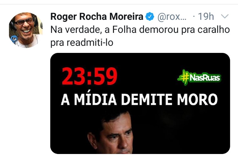 Roger Rocha Moreira, artista conservador: não era fake news, era jornalismo. https://hashtag.blogfolha.uol.com.br/2020/04/24/nao-era-fake-news-era-jornalismo-moro-caiu/?utm_source=twitter&utm_medium=social&utm_campaign=twfolha
