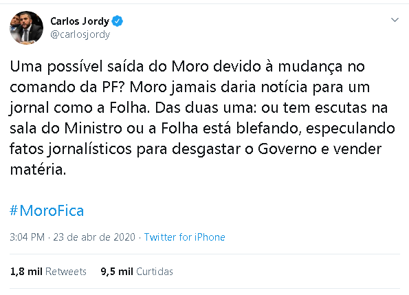 Carlos Jordy, deputado federal (PSL-RJ): não era fake news, era jornalismo. https://hashtag.blogfolha.uol.com.br/2020/04/24/nao-era-fake-news-era-jornalismo-moro-caiu/?utm_source=twitter&utm_medium=social&utm_campaign=twfolha