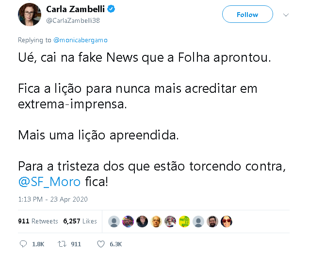 Carla Zambelli, deputada federal (PSL-DF): não era fake news, era jornalismo. https://hashtag.blogfolha.uol.com.br/2020/04/24/nao-era-fake-news-era-jornalismo-moro-caiu/?utm_source=twitter&utm_medium=social&utm_campaign=twfolha