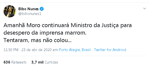 Bibo Nunes, deputado federal (PSL-RS): não era fake news, era jornalismo. https://hashtag.blogfolha.uol.com.br/2020/04/24/nao-era-fake-news-era-jornalismo-moro-caiu/?utm_source=twitter&utm_medium=social&utm_campaign=twfolha