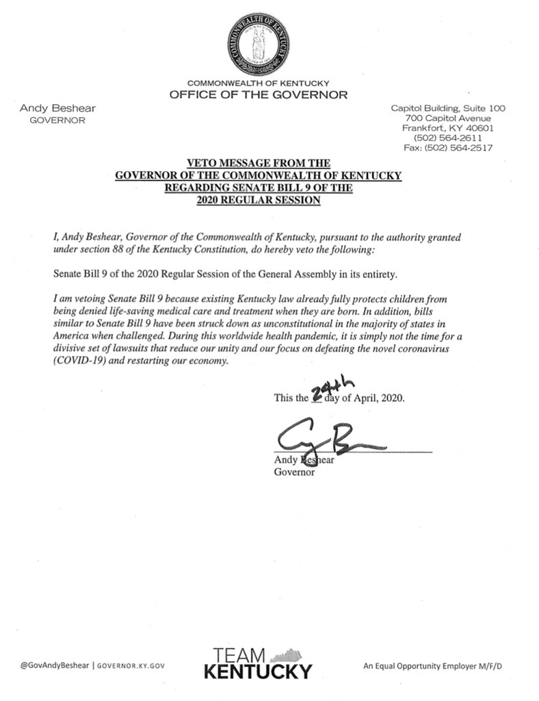 No surprise here #AndyBeshearKY.
SB 9 born alive infancy was vetoed by KYGovernor# 
Protecting  a child who survived a abortion is human decency!!!!!