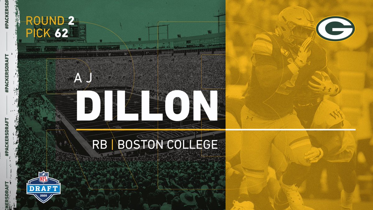 🚨 THE PICK IS IN 🚨

With the 62nd pick in the 2020 #NFLDraft, the #Packers select Boston College RB AJ Dillon! 

#PackersDraft | #GoPackGo