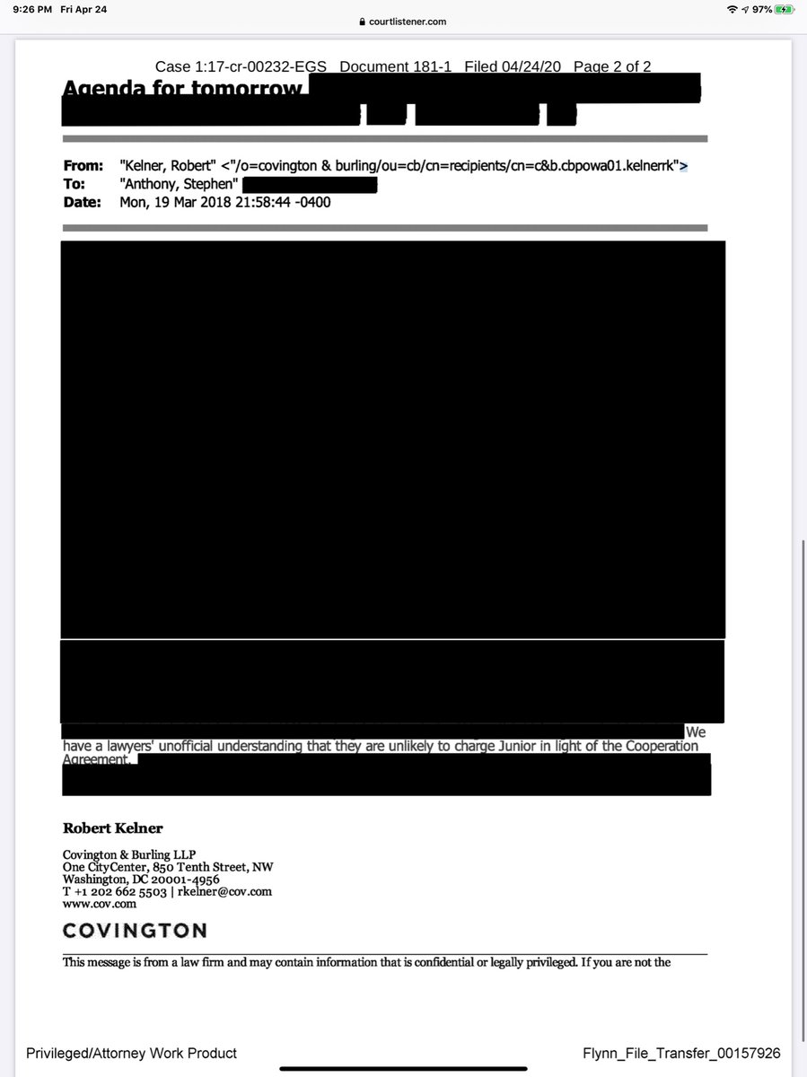 Oh dear remember how some said stalkers Government was never looking to charge Flynn JrI now present Exhibit A & B - because this is the (heavily) redacted coms with Covington & the SCO’scc  @LouiseMensch  @lauferlaw  @DirkSchwenk there it is https://ecf.dcd.uscourts.gov/doc1/04507790499?caseid=191592