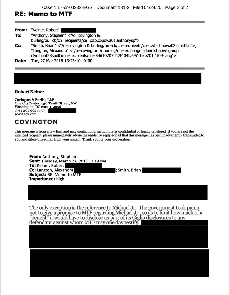 Oh dear remember how some said stalkers Government was never looking to charge Flynn JrI now present Exhibit A & B - because this is the (heavily) redacted coms with Covington & the SCO’scc  @LouiseMensch  @lauferlaw  @DirkSchwenk there it is https://ecf.dcd.uscourts.gov/doc1/04507790499?caseid=191592