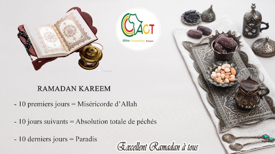 Actours_Senegal's tweet photo. Le ramadan est un mois béni, une opportunité pour tout musulman de se rapprocher d’avantage de Allah Swt, en jeûnant, en priant, en respectant les règles de bonnes conduites édictées par la charria islamique.
Ramadan Moubarack à toutes et à tous! https://t.co/yLZwsTTlDw