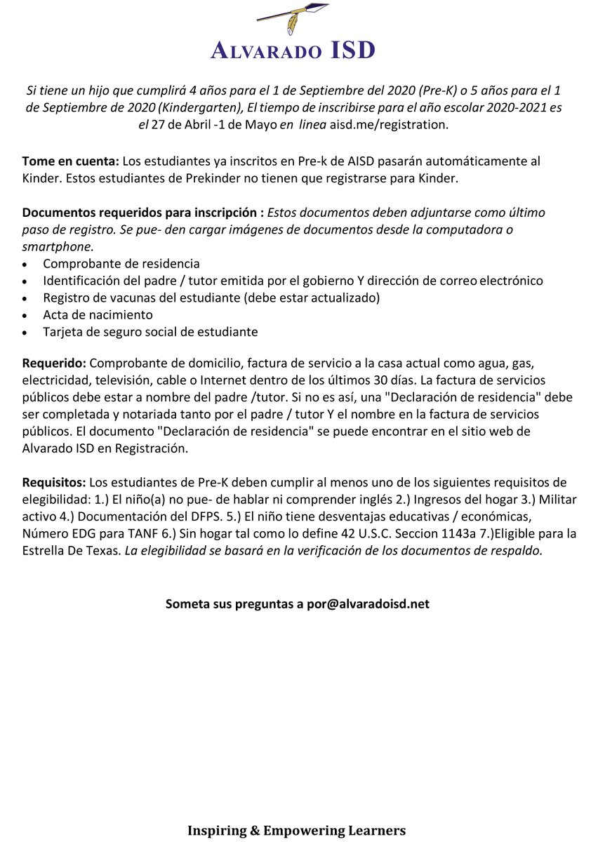 Pre-K and Kindergarten online registration for 2020-2021 begins Monday, April 27! See attached flyers and letters for more information. #AlvaradoExcellence