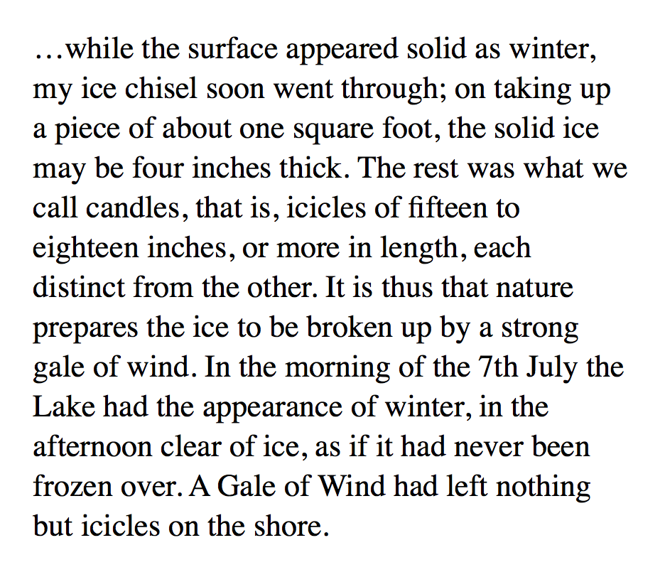 maybe the earliest written reference to candle ice — from the notes of david thompson, a british-canadian cartographer/trader/surveyor from the 1790s