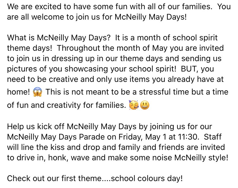 McNeillyfmpsd's tweet photo. McNeilly May Days. Join us for school spirit theme days & our kick off on May 1@11:30-McNeilly May Days Parade! @fmpsd @RoxanneFudge @DianeRizzuto @JTurner_RPsych @orangelid #ABLearningAtHome #FMPSDLearningAtHome #FMPSDStudentLearning #FMPSDParentAppreciation #davemcneillyrocks https://t.co/EUTkM9n1I3