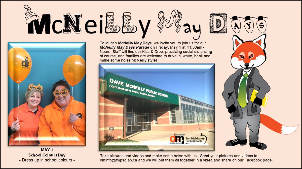 McNeillyfmpsd's tweet photo. McNeilly May Days. Join us for school spirit theme days & our kick off on May 1@11:30-McNeilly May Days Parade! @fmpsd @RoxanneFudge @DianeRizzuto @JTurner_RPsych @orangelid #ABLearningAtHome #FMPSDLearningAtHome #FMPSDStudentLearning #FMPSDParentAppreciation #davemcneillyrocks https://t.co/EUTkM9n1I3