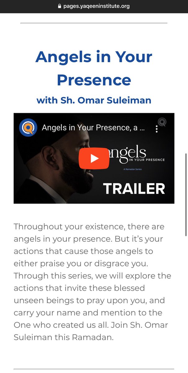 You can also sign up for a  @yaqeeninstitute email list where for 30 days, they will share some great resources, including lessons from Imam  @omarsuleiman504 called “Angels in Your Presence”. Sign up at this link:  http://pages.yaqeeninstitute.org/ramadan-2020 