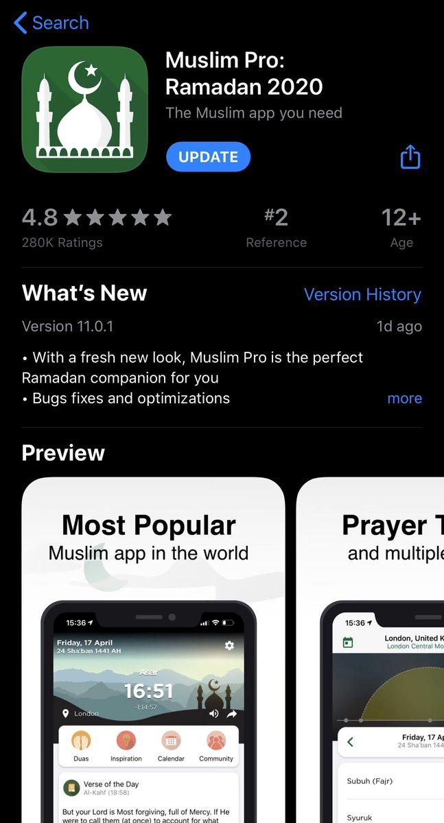 Another great app is the  @MuslimPro app which is updated specifically for Ramadan 2020. This is a very comprehensive and well designed app, with a Quran (including translations), Duas, and inspiration.