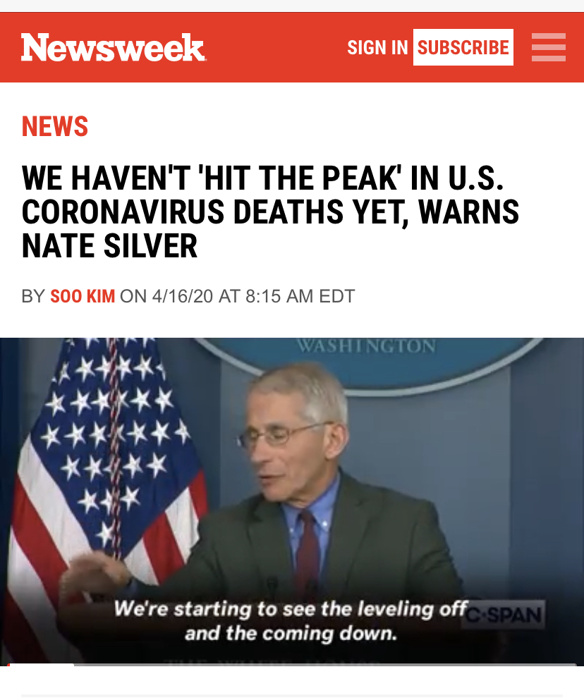 Every week, the peak is happening “next week”. The week of 4.5 was going to be like “Pearl Harbor”. Week of 4.12, the peak was definitely coming that week. Then it was opined the peak would hit mid-late April. As of 4.16… peak is yet to hit.