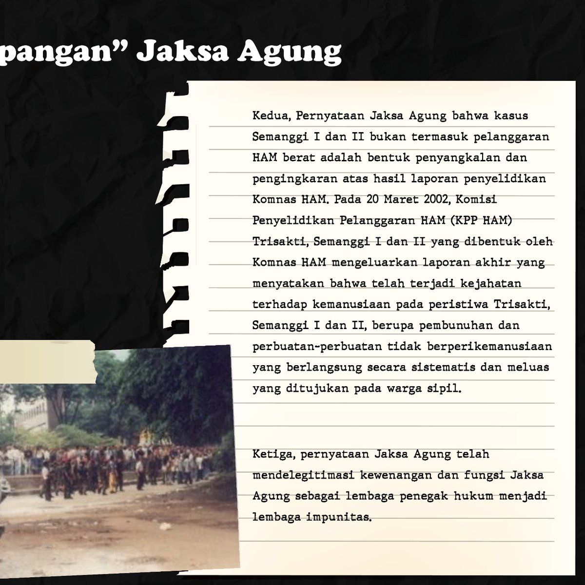 sumarsih11's tweet photo. Politisasi Semanggi I &amp; Semanggi II @DPR_RI sangat kuat.Jaksa Agungnya hanya mengejar jabatan &amp;tdk mau memposisikan diri sbagai penegakhukum. Cc:Prsdn @jokowi MenkoPolhukam @mohmahfudmd

Melanggengkan impunitas?
#SayaWawan #korbanmelawan #MenggugatJaksaAgung https://t.co/2gPL0cD6dq