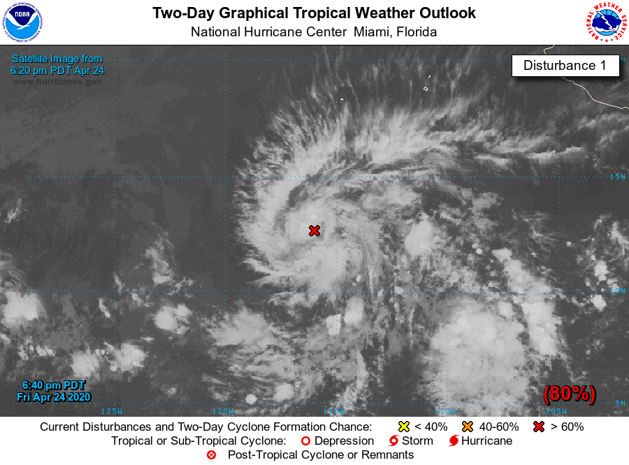 NHC_Pacific's tweet photo. 4/24 640pm PDT- New Special Outlook: An area of low pressure well south-southwest of Baja California Sur is still likely to become a tropical depression tomorrow. Full details: https://t.co/Oy8uof9ldM #90E https://t.co/RtGmaIii9D