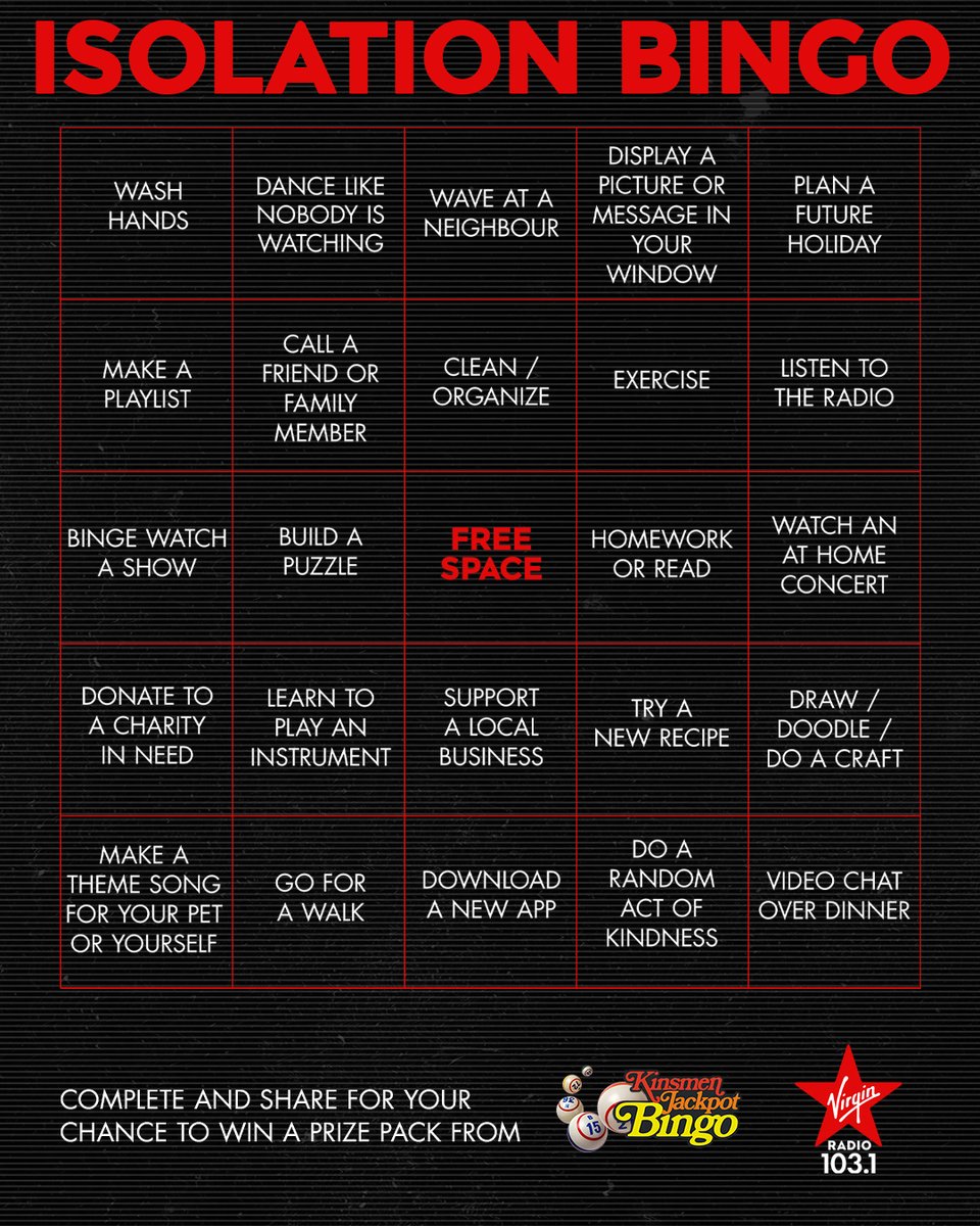 VirginRadioWPG's tweet photo. BINGO!!
Mark up a #IsolationBingo card and share it with us on Facebook, Twitter or Instagram for a chance to win a prize pack from our friends @KinsmenBingo 

Don't miss #KinsmenJackpotBingo Saturday at 5:30 on CTV &amp; YouTube! 

Cards &amp; Info: https://t.co/iqmufe4Kia https://t.co/g6iuKflGlD