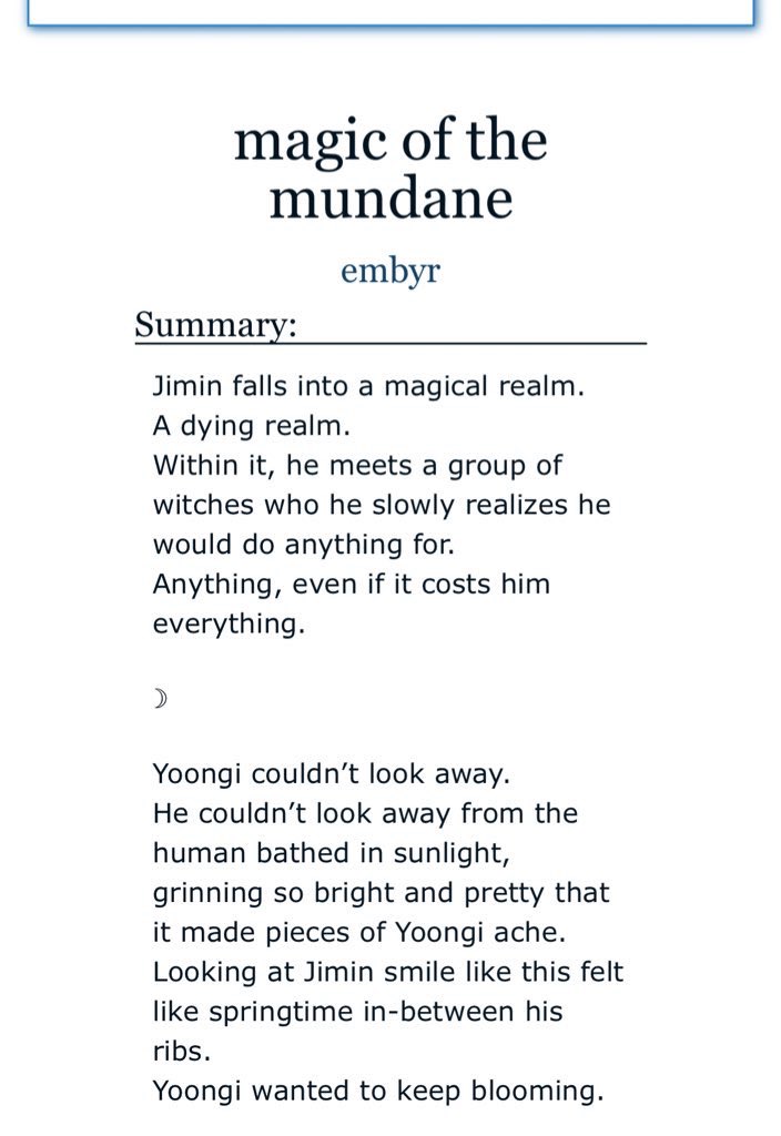 magic of the mundane by  @orionjimin - yoonmin- fantasy, witchy witches, humans, flying books, purple skies- the characters have so much soul in them- it’s a beautiful ode to capitalism- READ FOR GOOD HEALTH http://archiveofourown.org/works/21869158 