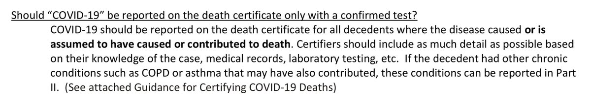 The CDC also offered several guidelines going off just "symptoms", no tests required.  https://www.cdc.gov/nchs/data/nvss/coronavirus/Alert-2-New-ICD-code-introduced-for-COVID-19-deaths.pdf https://www.cdc.gov/nchs/data/nvss/coronavirus/alert-1-guidance-for-certifying-covid-19-deaths.pdf https://www.cdc.gov/nchs/data/nvss/vsrg/vsrg03-508.pdf