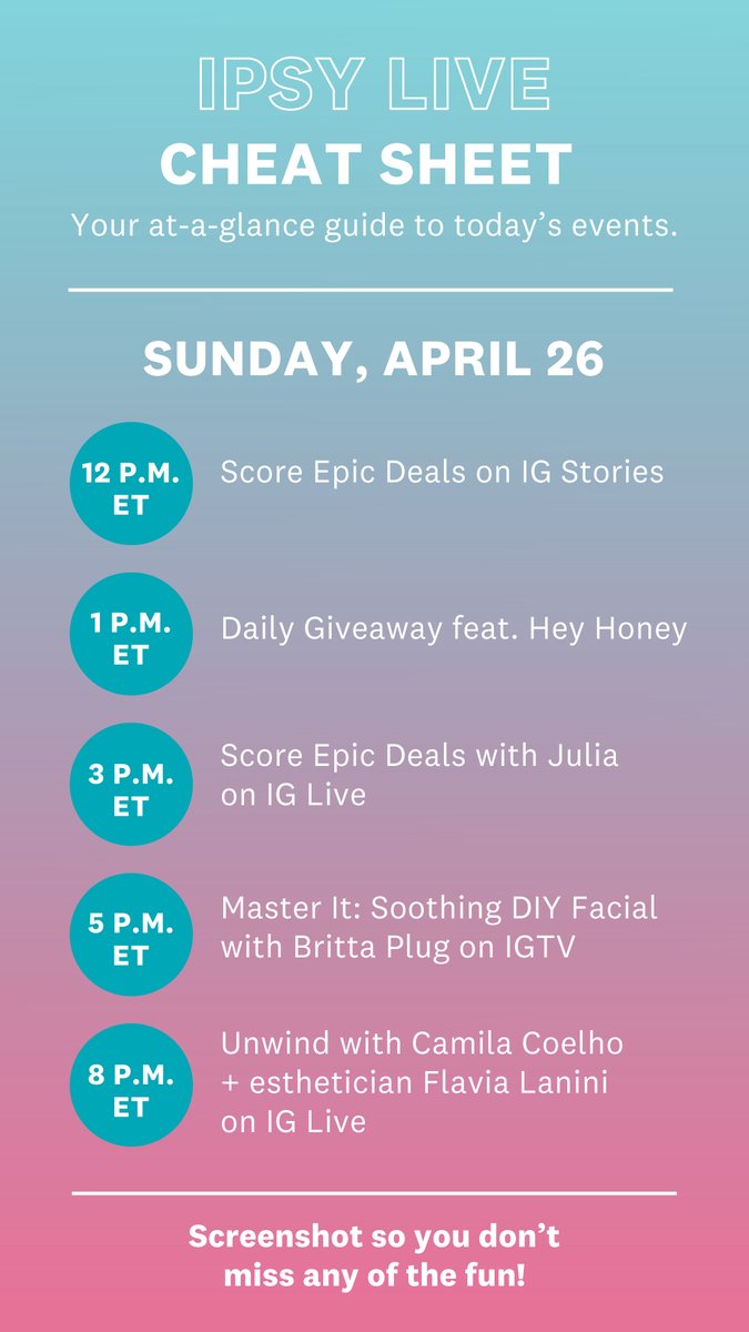 IPSY's tweet photo. IPSY Live Cheat Sheet: Your at-a-glance guide to our Sunday events on our Instagram
@IPSY. || #IPSY #IPSYLIVE https://t.co/BdaHUmNFuU https://t.co/2ZJSJ4LYEG