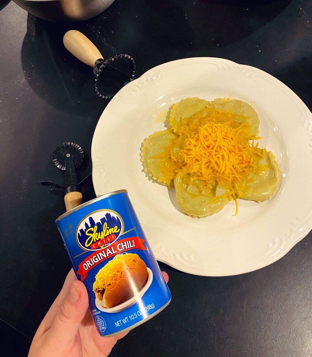 HaleyDeckman's tweet photo. Fresh pasta with a @Skyline_Chili filling. Has science gone too far? https://t.co/sDVs7NWIPi