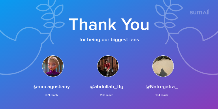 Our biggest fans this week: mncagustiany, abdullah_ftg, Nafregatra_. Thank you! via sumall.com/thankyou?utm_s…