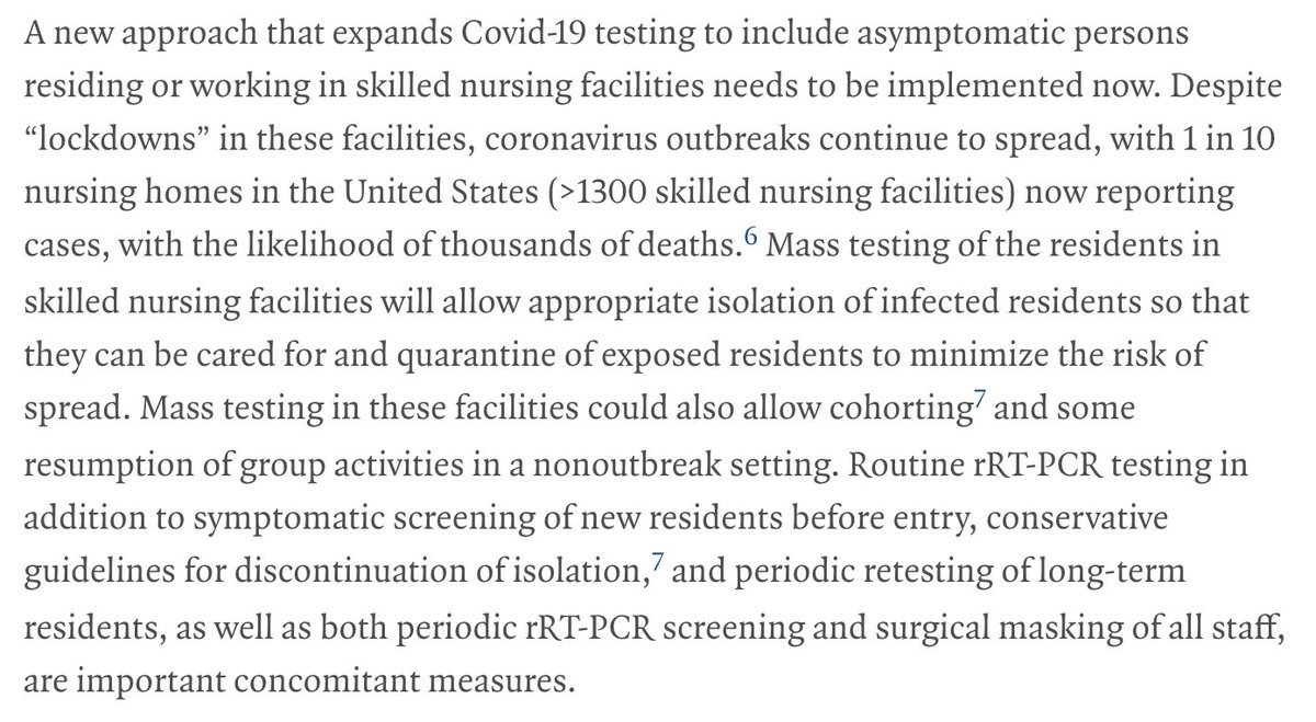 7/ Accompanying  @NEJM editorial by  @UCSF’s Monica Gandhi, Debbie Yokoe, & Diane Havlir  https://bit.ly/2S6Un54  strongly recommends Covid (viral) testing in all patients & workers in SNFs…& other high-risk congregate living sites (prisons, homeless shelters, etc). Seems sensible.