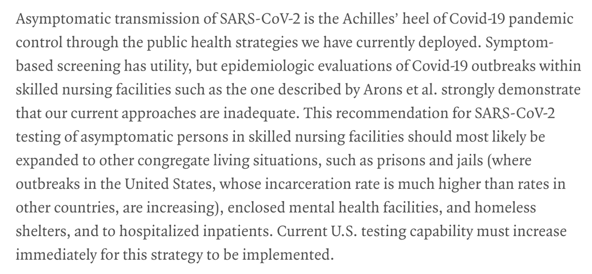 7/ Accompanying  @NEJM editorial by  @UCSF’s Monica Gandhi, Debbie Yokoe, & Diane Havlir  https://bit.ly/2S6Un54  strongly recommends Covid (viral) testing in all patients & workers in SNFs…& other high-risk congregate living sites (prisons, homeless shelters, etc). Seems sensible.