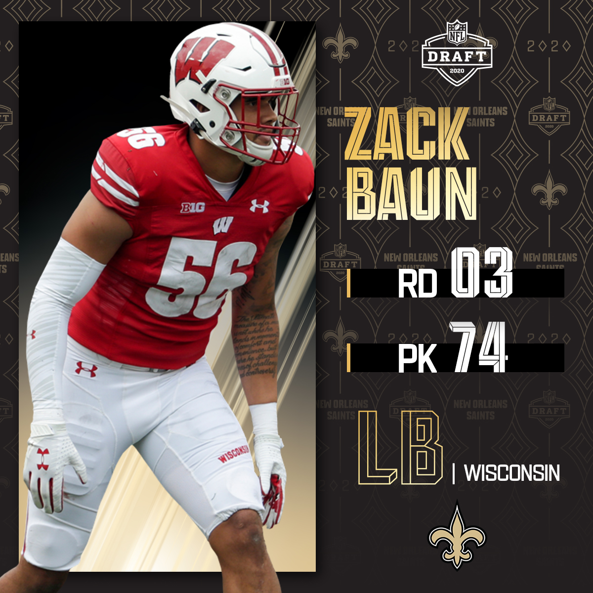 NFL's tweet photo. With the No. 74 overall pick, the @Saints select @BadgerFootball LB Zack Baun!

📺: 2020 #NFLDraft on NFLN/ESPN/ABC
📱: https://t.co/G7fI4L8MxF https://t.co/BVDMmJ8f38