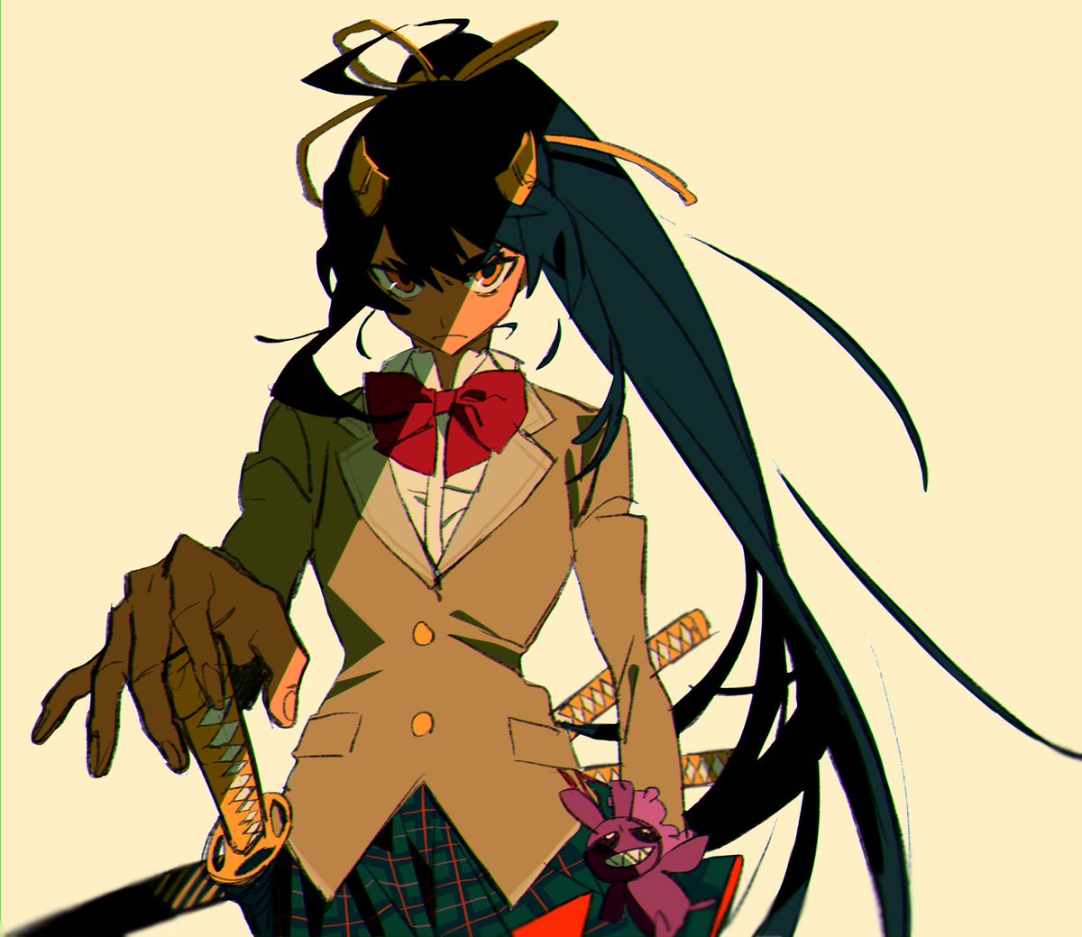 1girl sword weapon long hair solo school uniform skirt  illustration images