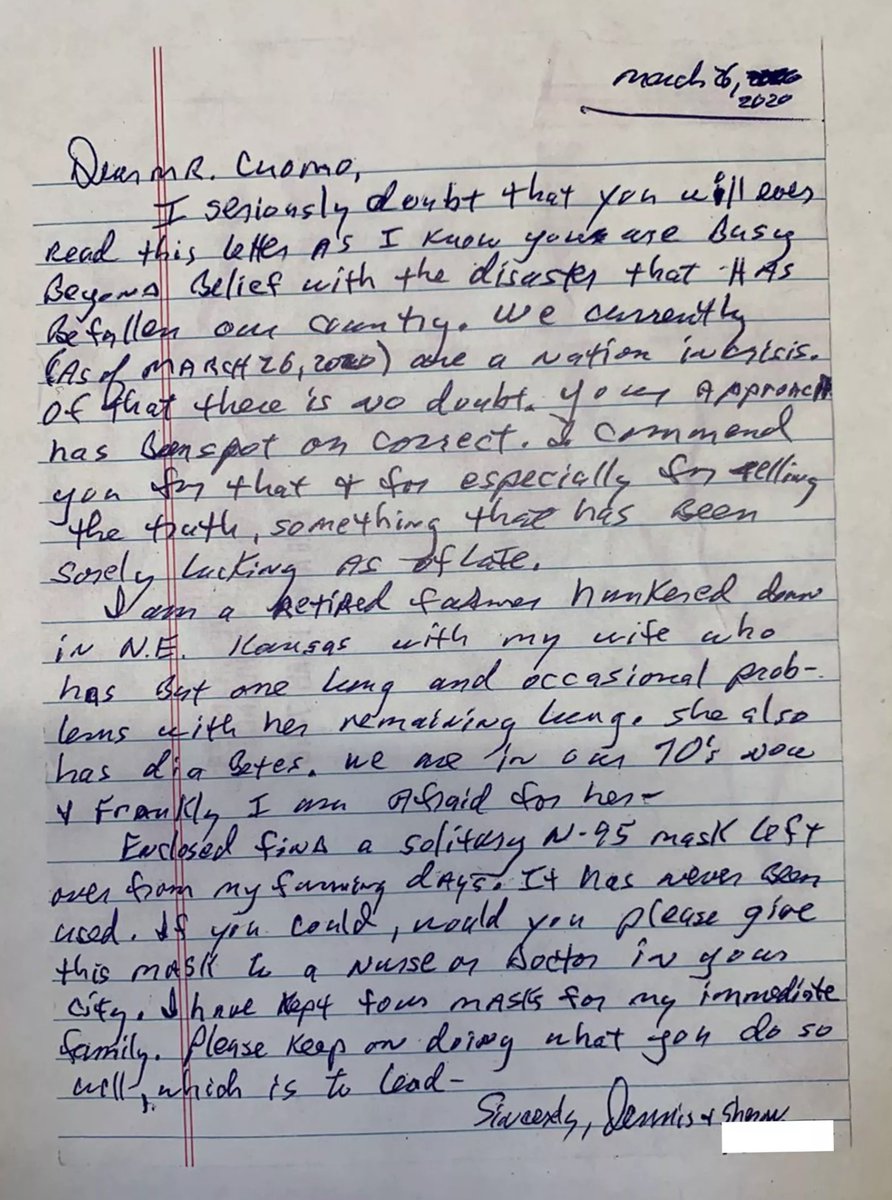 13/ On uplifting note, watch this clip from  @NYGovCuomo’s press conf today, as he reads handwritten letter from a Kansas farmer  https://bit.ly/3bBTM31  (letter below). Nice to see leadership that drives us toward our better angels, & to be reminded of the country's true spirit.