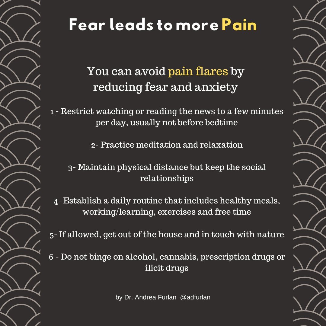 Fear and anxiety increase pain with stress hormones like adreline and cortisol.  Dr.  <a href="/adfurlan/">Andrea D. Furlan MD PhD PM&R</a> gives recommendations for reducing fear, anxiety and pain during this pandemic and other times of stress.