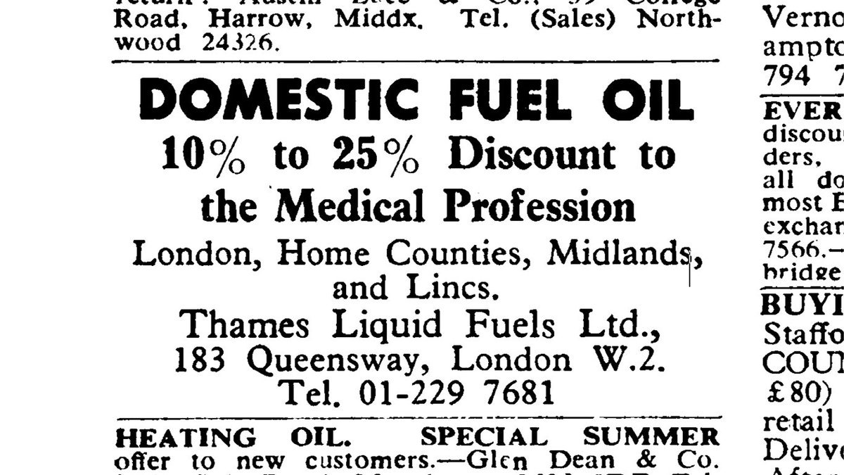 Thames even used to advertise in the BMJ, offering discounts on domestic heating oil to the medical profession. The Thames name lives on in Scotland, where a management buyout in 1997 led to a successful chain which is now part of Highland Fuels  https://www.highlandfuels.co.uk/commercial/commercial-fuel/