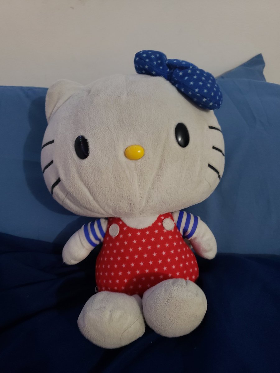 Kitty! I own 30+ kitty plushies but most's names are. kitty. I got her in 2015, the same trip I got Penguino! just in Ocean City instead. She was in a claw machine and. surprisingly easy to win. I feel bad bc she was banished for a short period for no reason. love now. she's nice