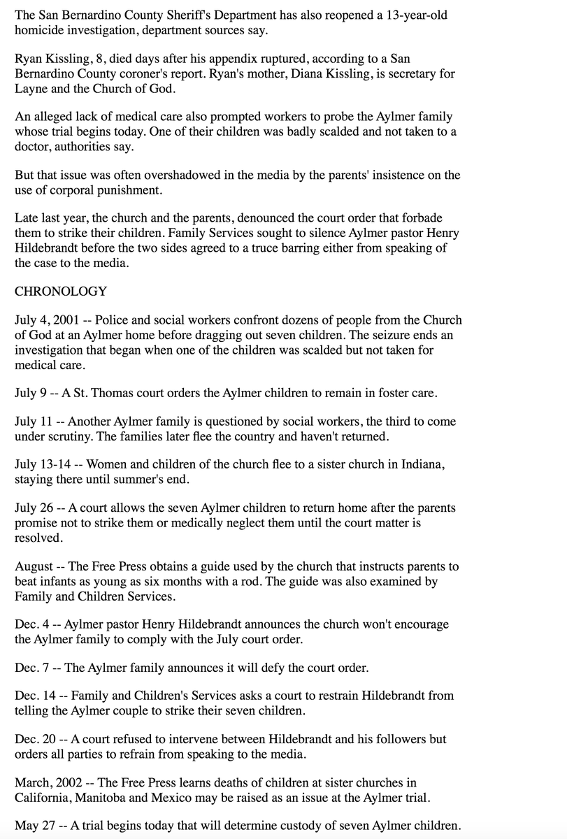 12/14 In June, 2002, the Aylmer family would have their weeks in court before a family judge in nearby St. Thomas, a trial that drew camera crews and reporters from across Canada as well as international media.