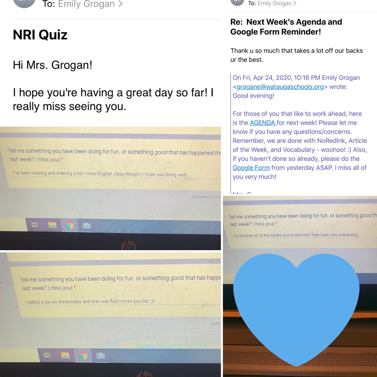 MrsEmilyGrogan's tweet photo. I’m sure all my fellow teachers can agree, today was hard. We knew the announcement was coming, but it still hurts our educator hearts. These 5 student emails were exactly the encouragement I needed today. These teenagers are the best! #WeAreWatauga #WCSRemote @WHSPioneerPride https://t.co/7FAlha9QZg