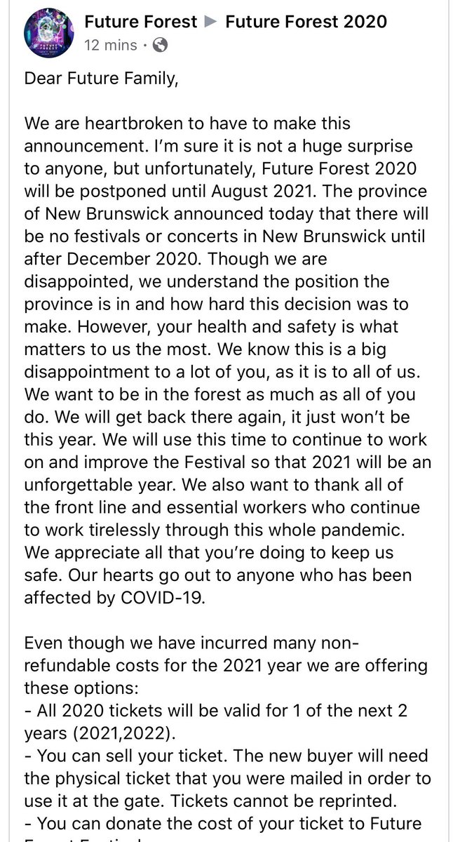 Dear Future Family

We are heartbroken to have to make this announcement. I’m sure it is not a huge surprise to anyone, but unfortunately, Future Forest 2020 will be postponed until August 2021.

Full details on our Facebook