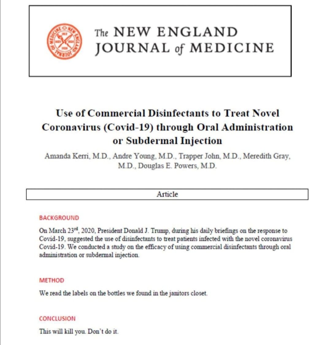 DomincMusembi's tweet photo. @citizentvkenya President Donald J. Trump said " use commercial disinfectants to treat novel Coronavirus COCID -19"
Don't! It will kill you https://t.co/AObNmQKoOd