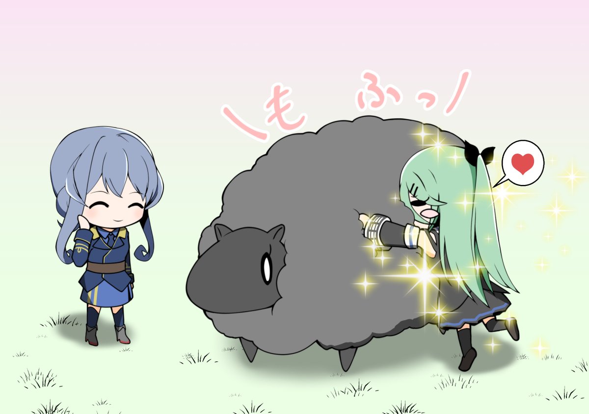 gotland (kancolle) ,yamakaze (kancolle) sheep multiple girls 2girls green hair long hair blue hair closed eyes  illustration images