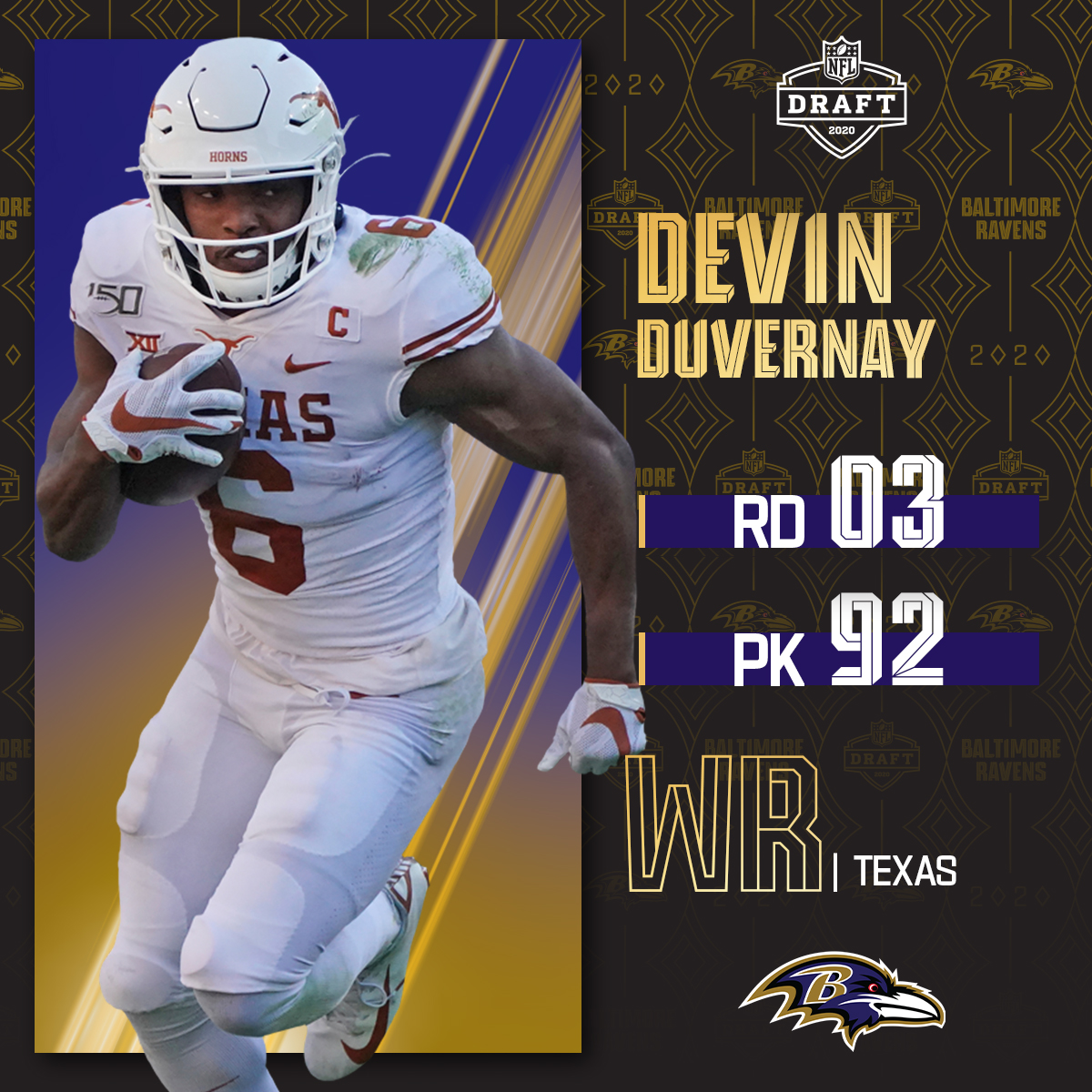 With the No. 92 overall pick, the @Ravens select @TexasFootball WR Devin Duvernay! 📺: 2020 #NFLDraft on NFLN/ESPN/ABC 📱: bit.ly/2zrlHEG