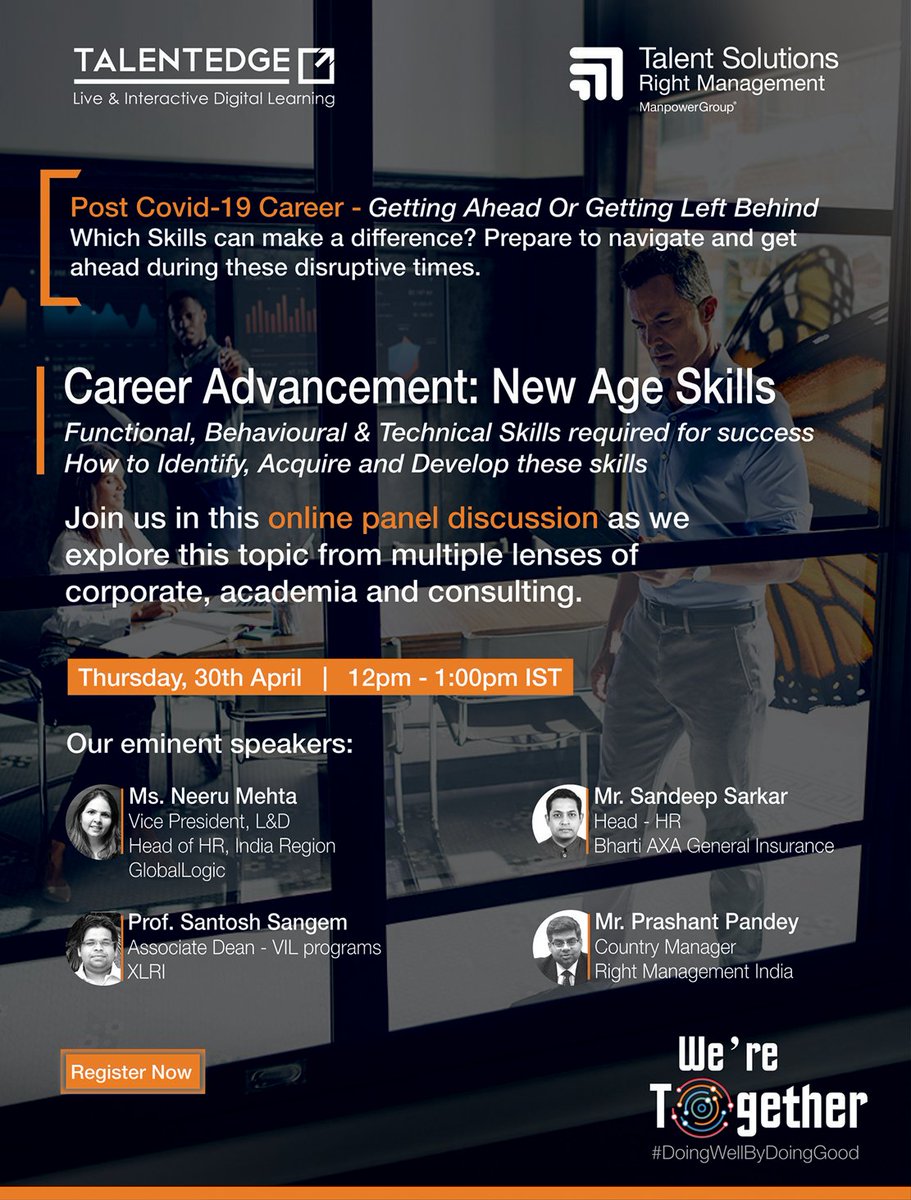 Right_India's tweet image. Unpredictability is the new normal. Learn new skills faster to get ahead during this volatility. Register for our Panel Discussion: Career Advancement: New Age Skills at 12pm IST on 30th April! Register: bit.ly/3auSR2R   #careers #postcovid-19