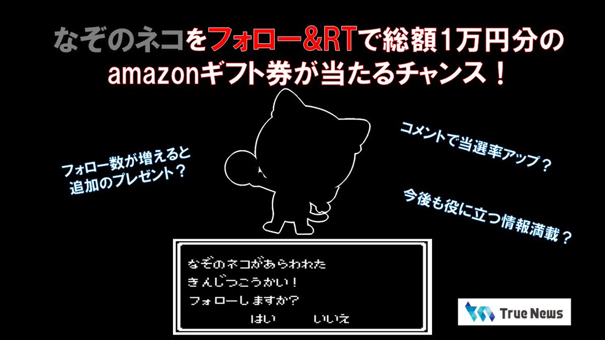 toru_nyan's tweet photo. True News社に『なぞのネコ』があらわれた！キャンペーン

計10名様に総額1万円分のamazonギフト券をプレゼント

応募方法
①@nazo_no_nekoをフォロー
②このツイートをリツイート

2020年4月27日23:59まで

果たしてこのネコの正体は・・・近日公開！

#なぞのネコ #torue #プレゼント企画 #懸賞 https://t.co/4vtTNy04oV