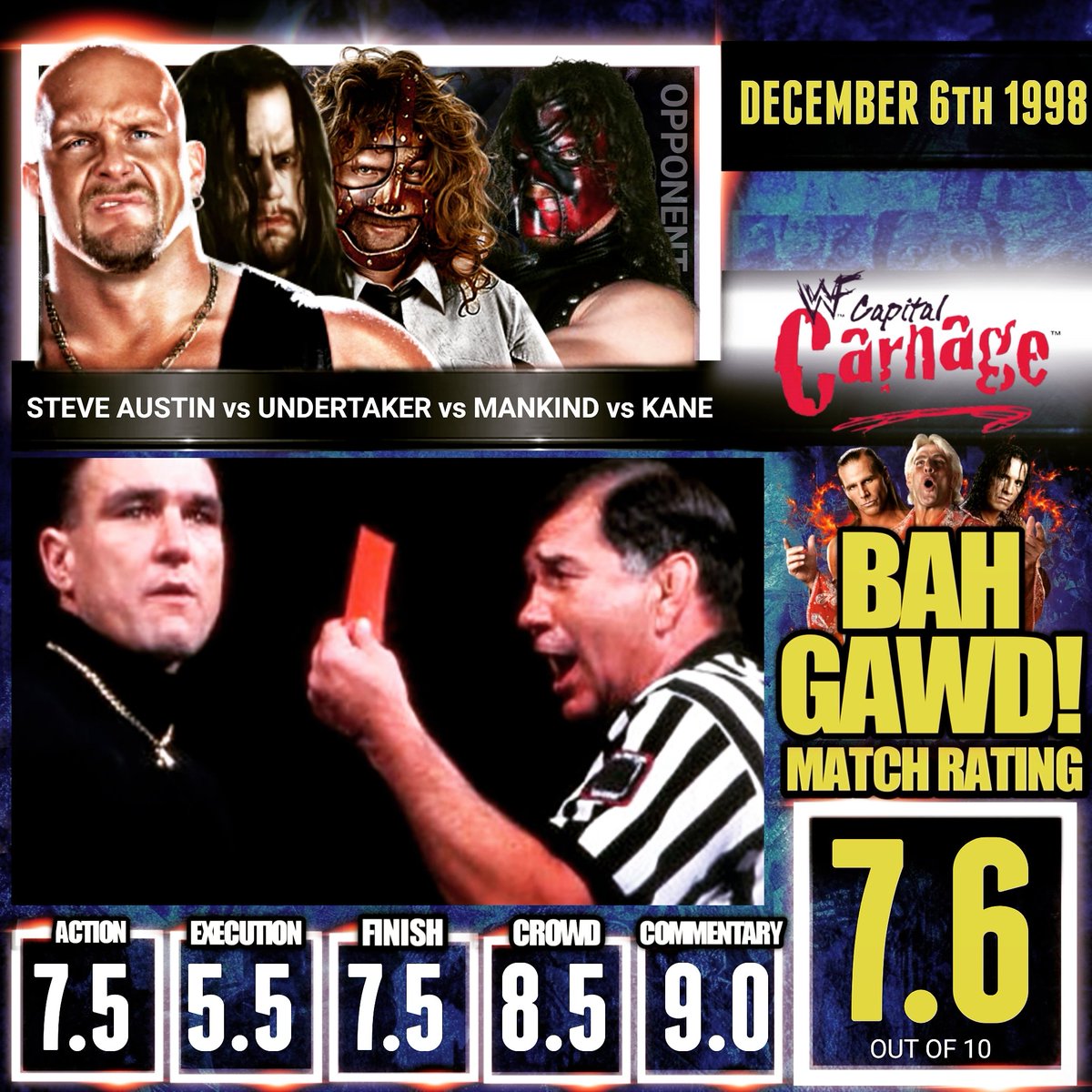 BAHGawdWWEWCW's tweet photo. Next up we're focusing on #SteveAustin, #Undertaker & #Mankind in a Fatal 4 Way including #Kane from #WWE #CapitalCombat 1998
7.6/10
Rating Big Event matches* of all top wrestlers from 1990 onwards.
#WWE #WCW #ECW #AEW (*not Tag/War Games/Rumble matches) https://t.co/Cr0EJvjgm4