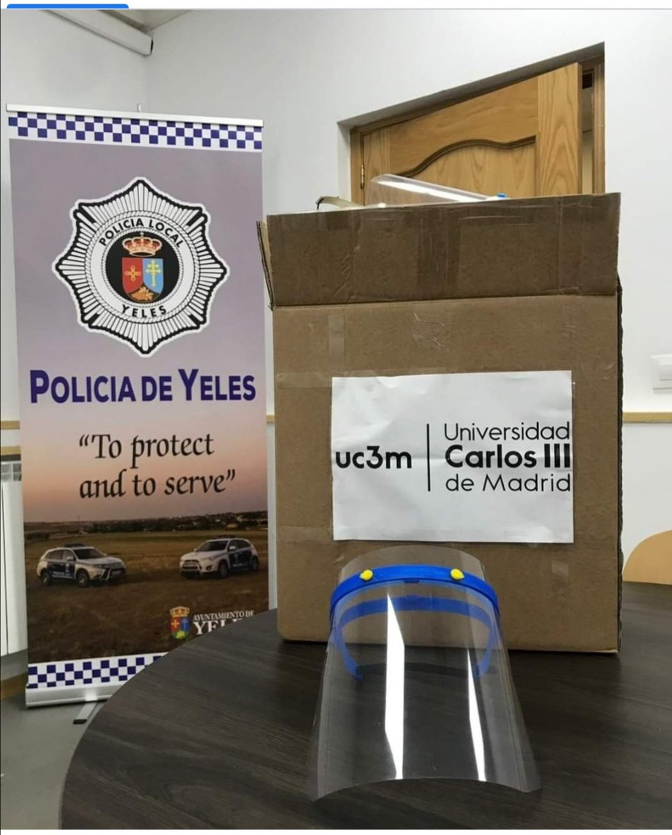 uc3mRoboticsLab's tweet photo. Entrega de 40 pantallas protectoras a la Policía Local de Yeles (Toledo) @uc3m @uc3mRoboticsLab @uc3m_aero @Master_bio_UC3M @asrob_uc3m #OT_Leganes #MakerSpaceUC3M @jgvictores  @nuria_imeq #COVID19 #EsteVirusLoParamosUnidos https://t.co/5CI1BFp6ao