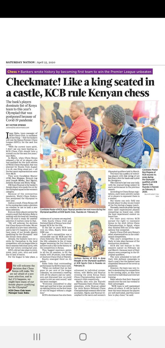 Last year KCB Chess Club went unbeaten in the Kenya National Chess league with 100%wins in 26matches...💥🧚🏿‍♂️🍾🍺🍻🍷🎂
The men's National team was also purely constituted by KCB Chess Club for the 44th chess Olympiad <a href="/AfricaChessConf/">African Chess Confed</a> <a href="/KCBGroup/">KCB Group Plc</a> <a href="/ChessKenya/">Chess Kenya</a> @dailynation <a href="/FIDE_chess/">International Chess Federation</a>