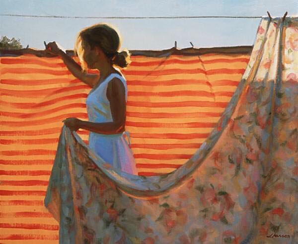 Hoy, y hasta que me canse, voy a compartir pinturas de ropa tendida al sol. Es un tema que me gusta y colecciono.

Empiezo por dos tuits muy luminosos del norteamericano Jeffrey T.Larson (Two Harbors, Minnesota, Estados Unidos, 1962).

👇🏻Ver más.