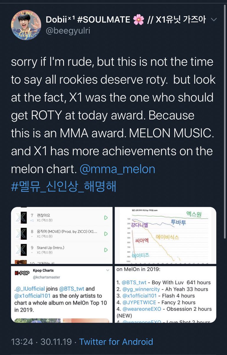 Now music award shows!! It was a mess, it was a mess! But we were more concerned about MMA who didn’t give the rookie award to X1 who was the only rookie group to top their charts in 2019!! And their excuse was the attendance.