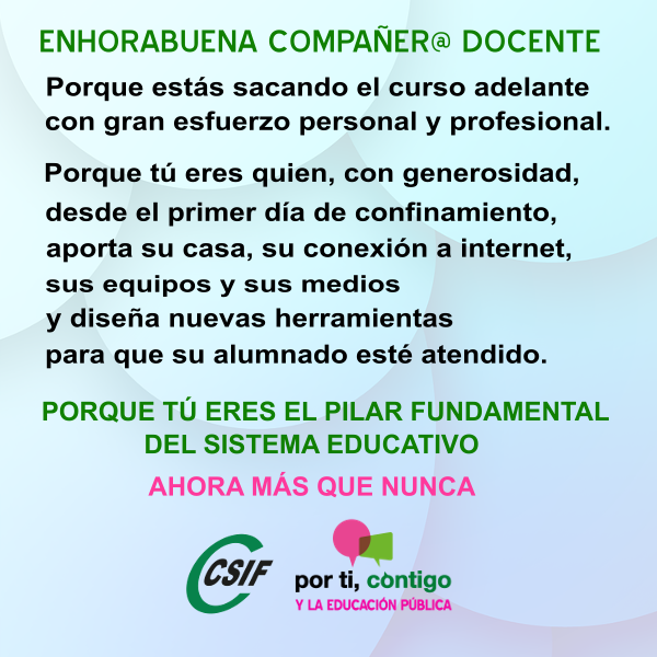 CSIFEnsenanzCyL's tweet photo. Desde #CSIF Educación CyL queremos dar la enhorabuena a los docentes de CyL por la enorme labor que están realizando. Está claro que la escuela está abierta, que los profesores y los alumnos están trabajando, solo el edificio está cerrado…¡Sois grandes, compañer@s! https://t.co/RgzHMY9GpM