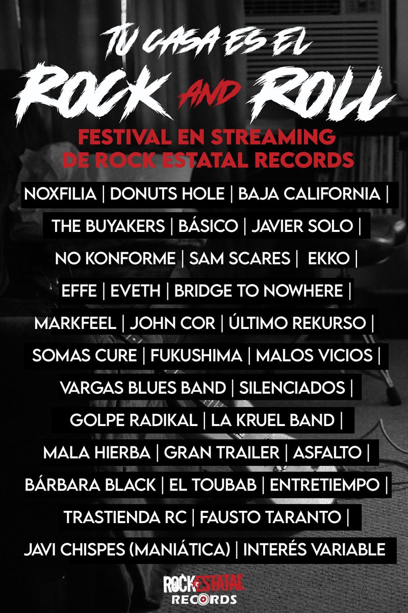 Hoy #SABADO a partir de las 11:00 horas en radiokolor.es y en 106.2Fm podemos escuchar el festival "Tu Casa es el Rock &amp; Roll", una recopilación de varias bandas  actuando desde su casa durante la cuarentena. En total participarán 33 artistas.