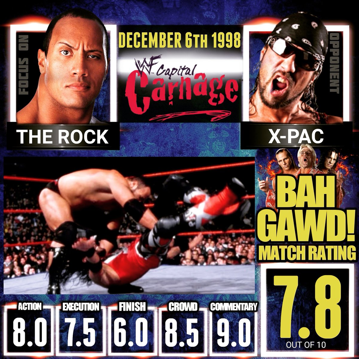 BAHGawdWWEWCW's tweet photo. Next up we're focusing on #TheRock as he takes on #XPac from #WWE #CapitalCombat 1998
7.8/10
Rating Big Event matches* of all top wrestlers from 1990 onwards.
#WWE #WCW #ECW #AEW (*not Tag/War Games/Rumble matches) https://t.co/AZNYET00fo