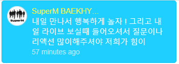  #BAEKHYUN   : Let's see each other tomorrow and have a lot of fun! And when you watch the live concert please leave a lot of comment or reaction it'll give us a lot of strength #TEN : It's great to think that we'll be able to see each other here tomorrow
