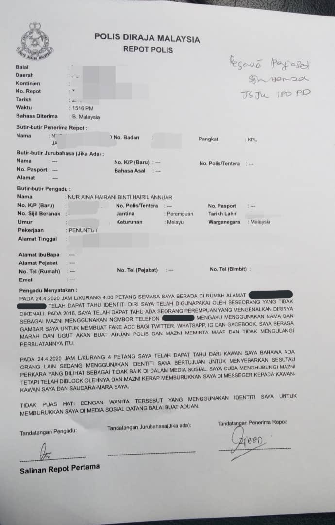I& #39;ve filed a report today. I hope everyone can leave this matter alone and stop doing parodies and stop spreading the fitnah. It& #39;s the holy month of ramadhan, I don& #39;t want to feel burdened by the accusations that are pointed at me, I& #39;m a victim of identity theft.
